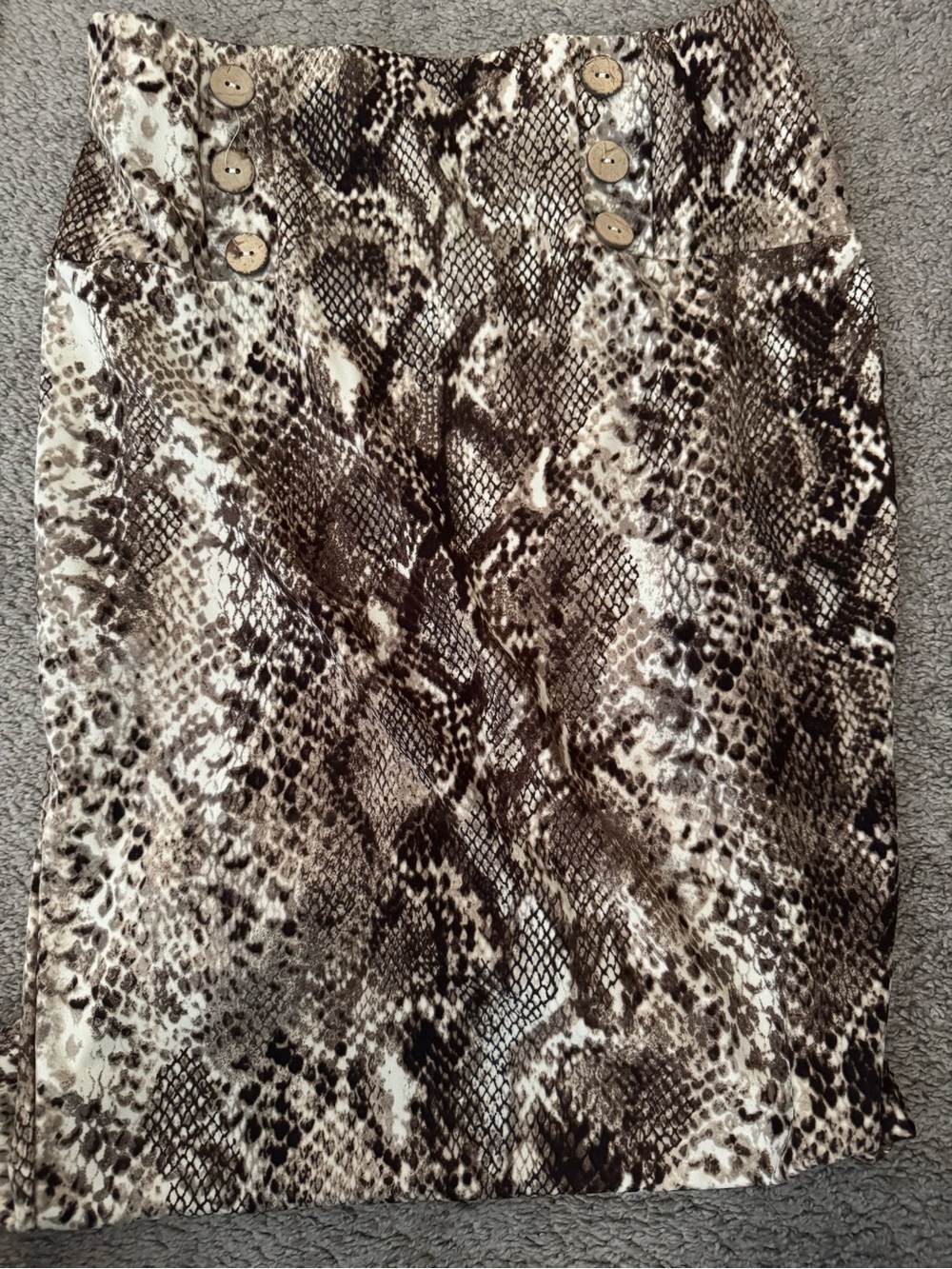 Snake Print Button-Accent Pencil Skirt in Brown and Cream